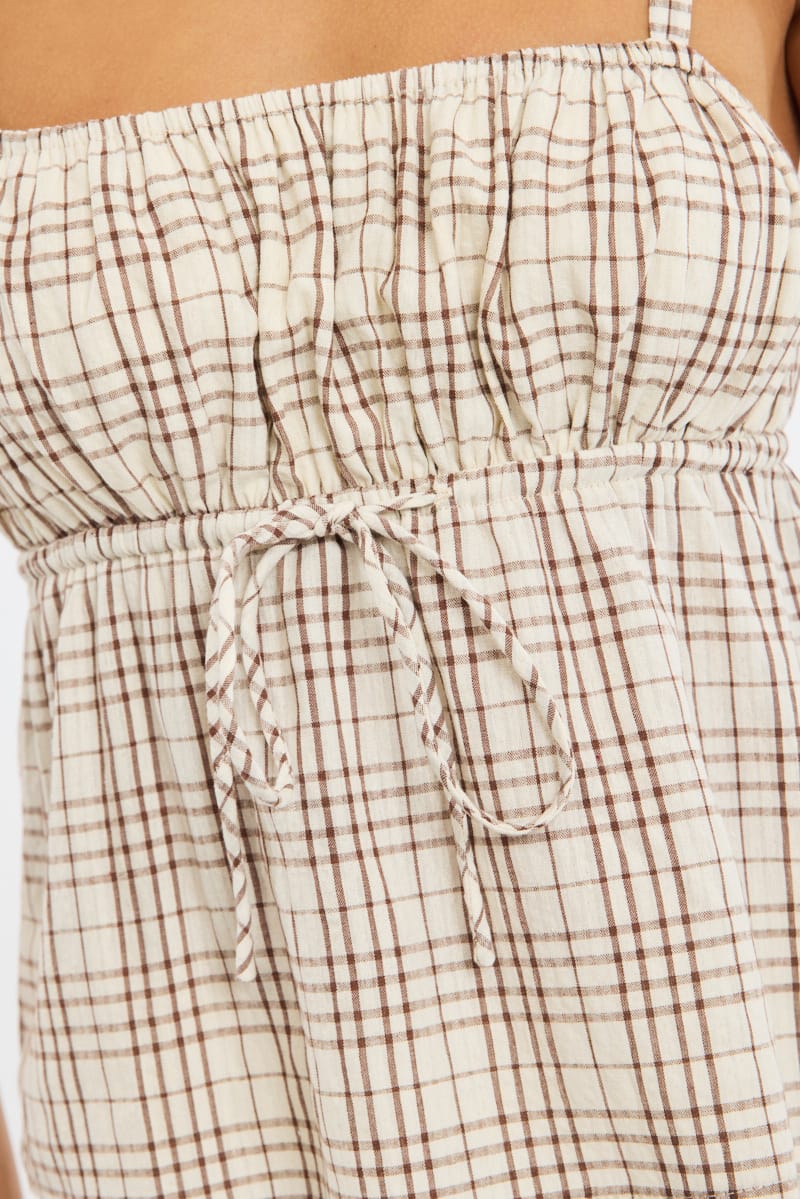 Brown Check Cami Top Sleeveless Front Tie Babydoll for Ally Fashion
