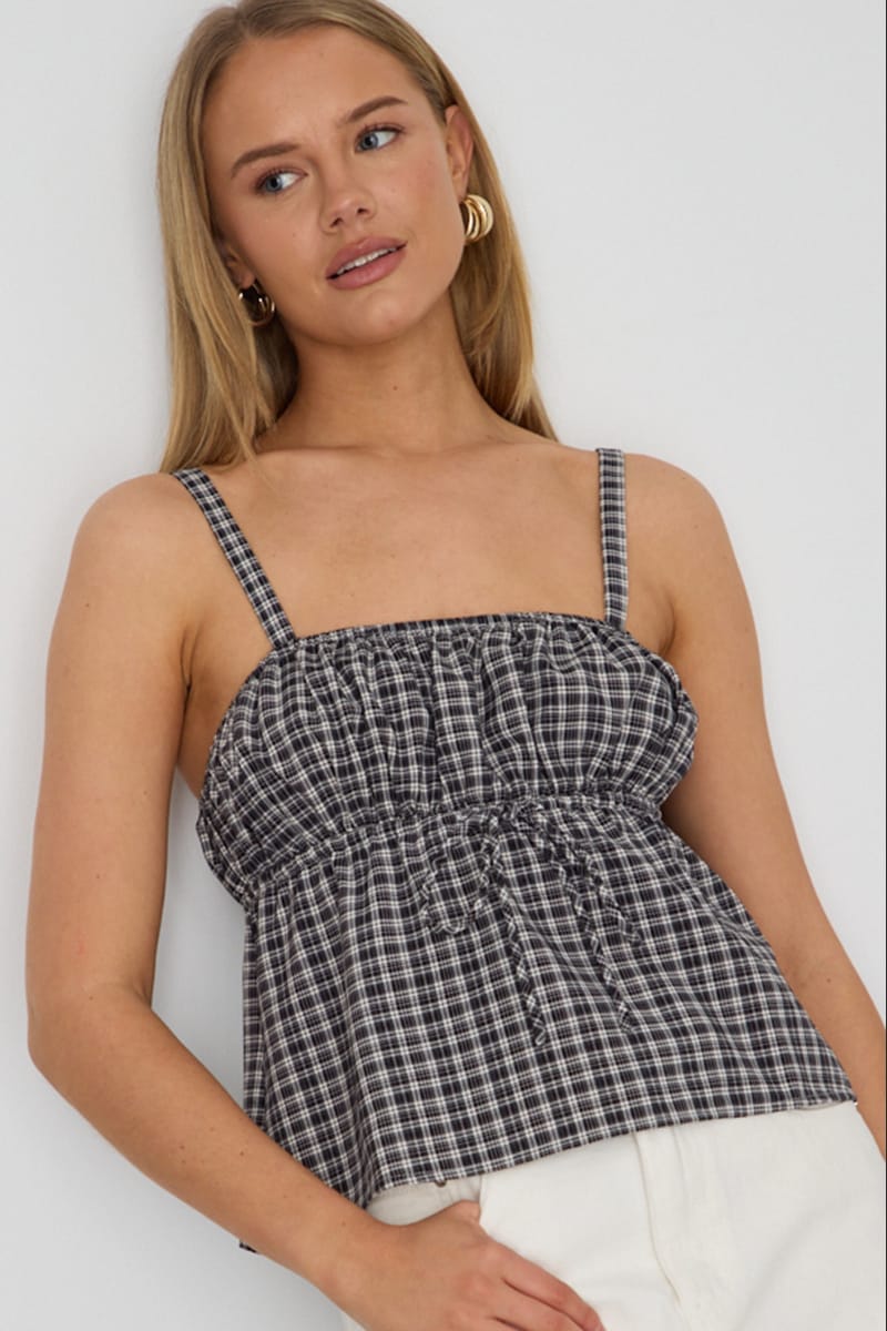 Black Check Cami Top Sleeveless Front Tie Babydoll for Ally Fashion