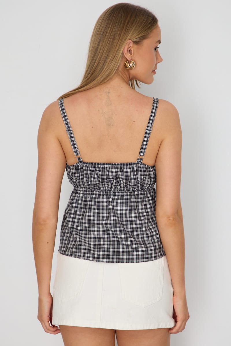 Black Check Cami Top Sleeveless Front Tie Babydoll for Ally Fashion