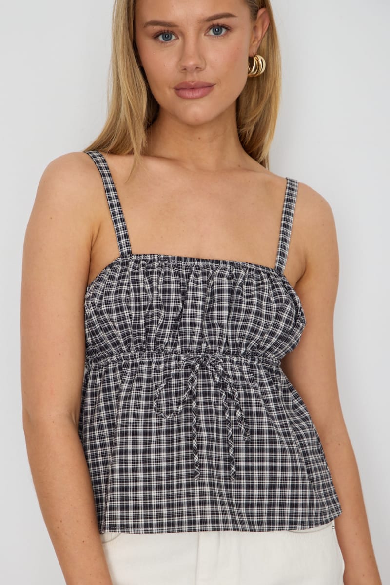 Black Check Cami Top Sleeveless Front Tie Babydoll for Ally Fashion