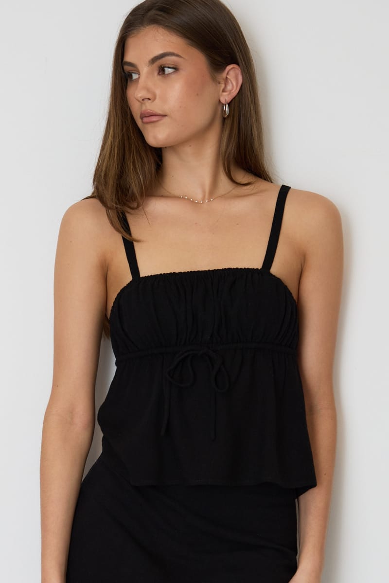 Black Cami Top Sleeveless Front Tie Babydoll Linen Blend for Ally Fashion