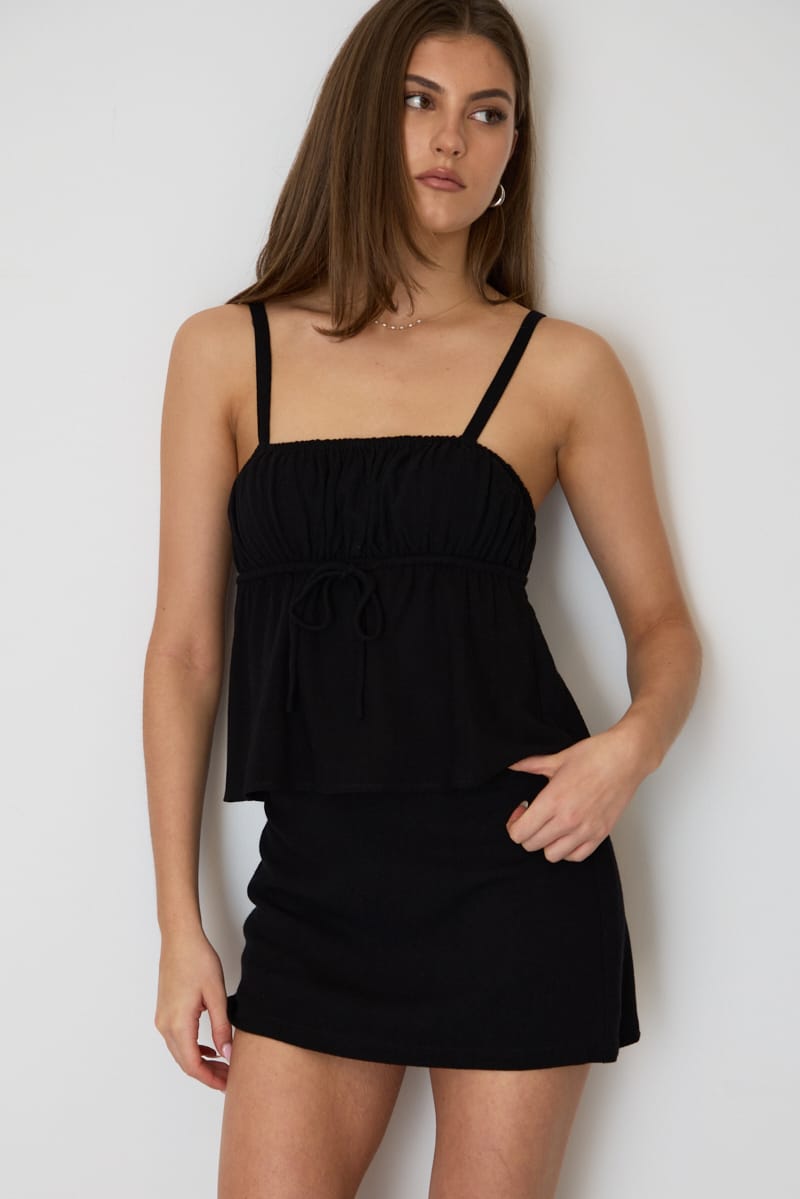 Black Cami Top Sleeveless Front Tie Babydoll Linen Blend for Ally Fashion