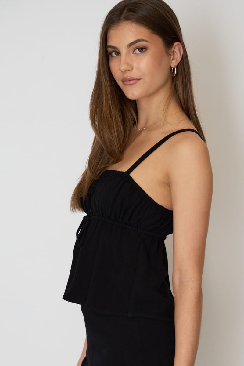Black Cami Top Sleeveless Front Tie Babydoll Linen Blend for Ally Fashion