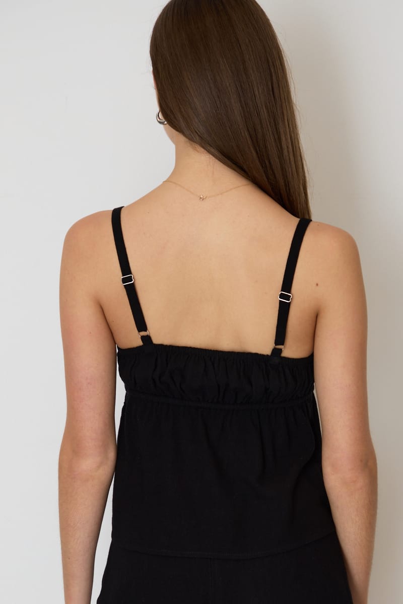 Black Cami Top Sleeveless Front Tie Babydoll Linen Blend for Ally Fashion