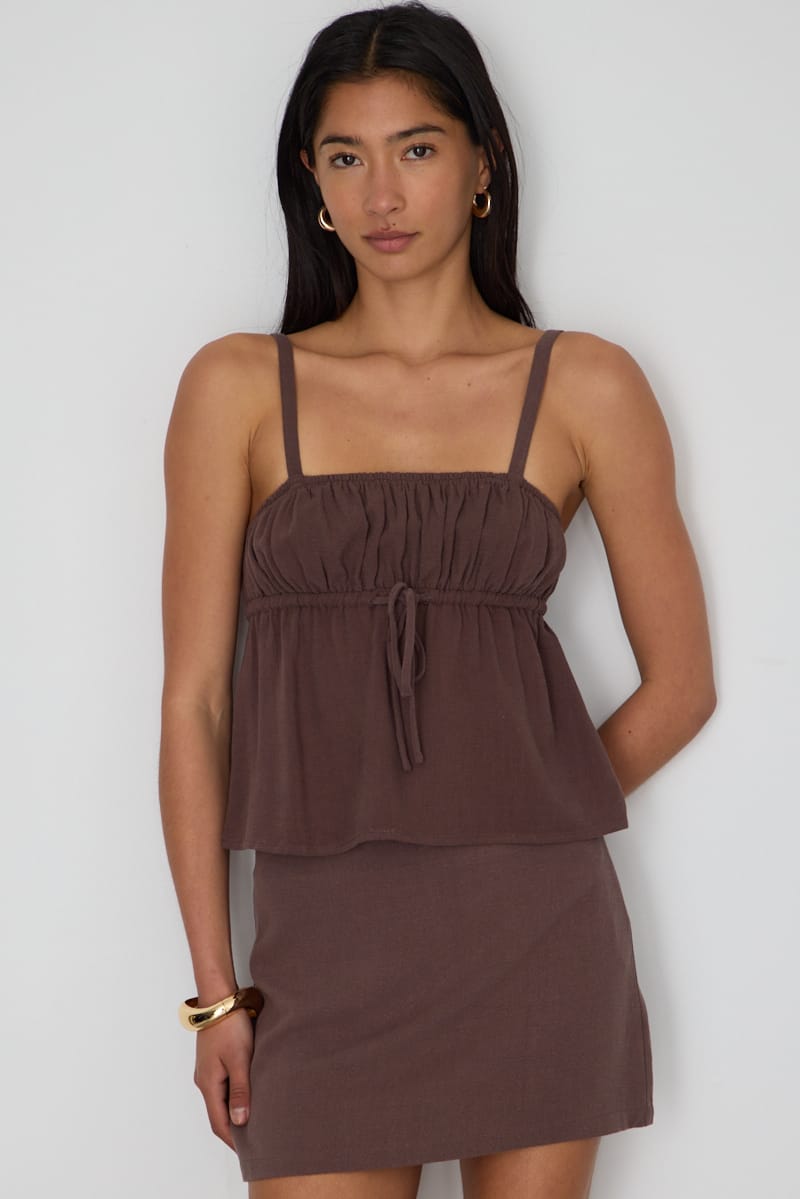 Brown Cami Top Sleeveless Front Tie Babydoll Linen Blend for Ally Fashion