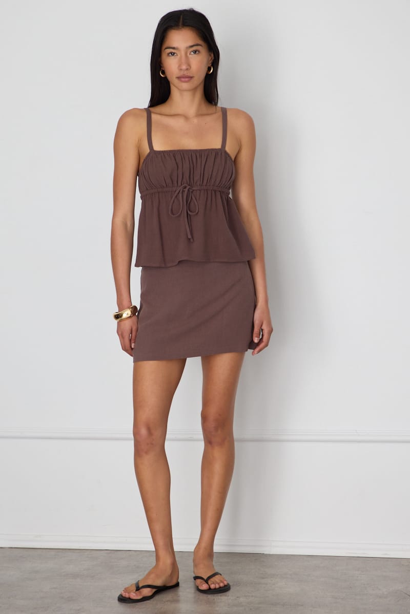 Brown Cami Top Sleeveless Front Tie Babydoll Linen Blend for Ally Fashion