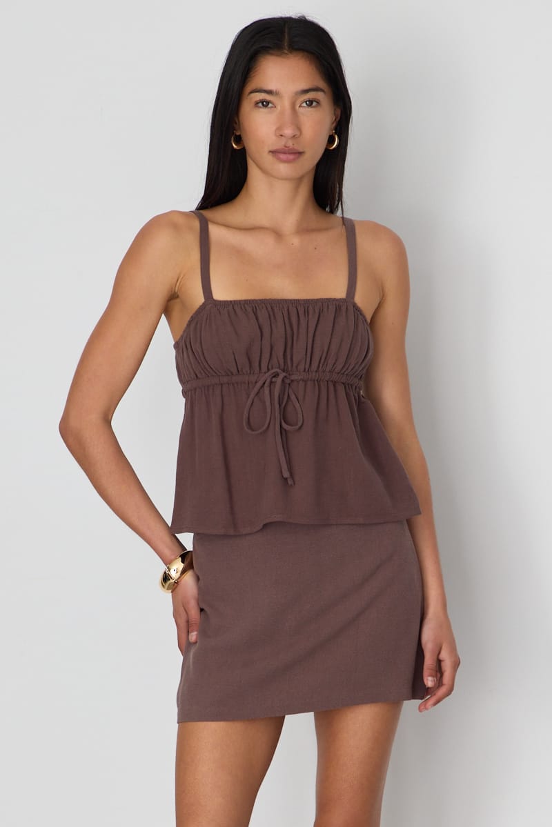 Brown Cami Top Sleeveless Front Tie Babydoll Linen Blend for Ally Fashion