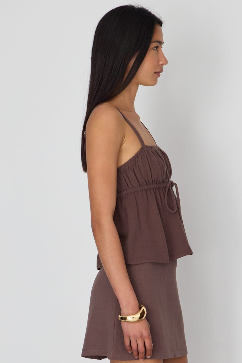 Brown Cami Top Sleeveless Front Tie Babydoll Linen Blend for Ally Fashion