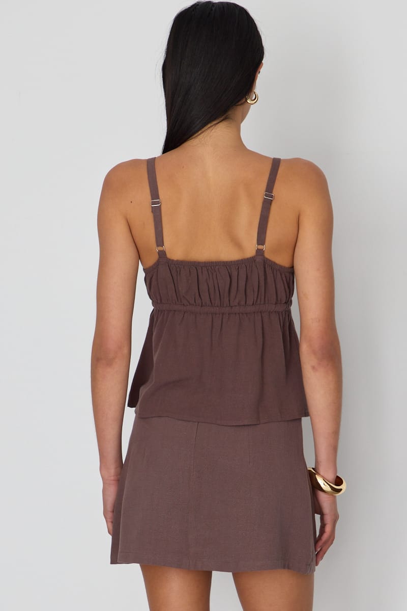 Brown Cami Top Sleeveless Front Tie Babydoll Linen Blend for Ally Fashion