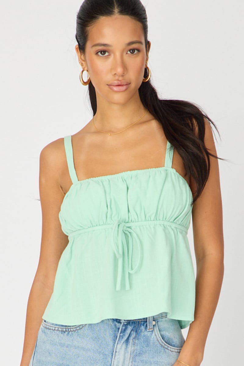 Green Cami Top Sleeveless Front Tie Babydoll Linen Blend for Ally Fashion
