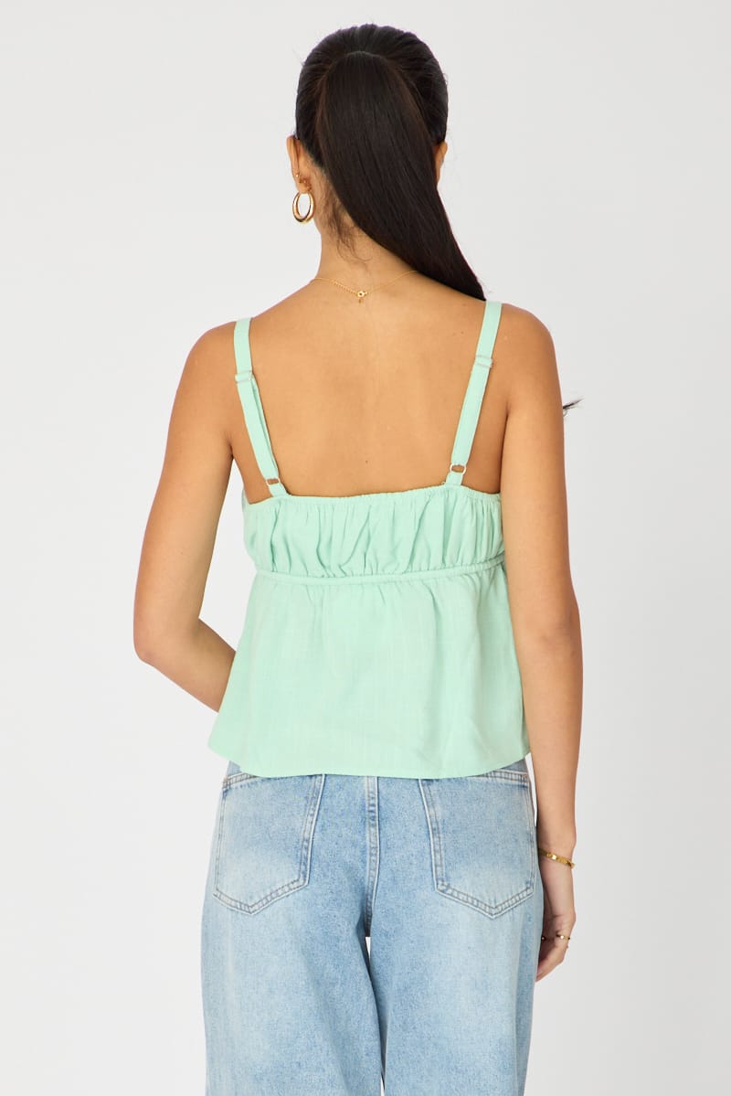 Green Cami Top Sleeveless Front Tie Babydoll Linen Blend for Ally Fashion