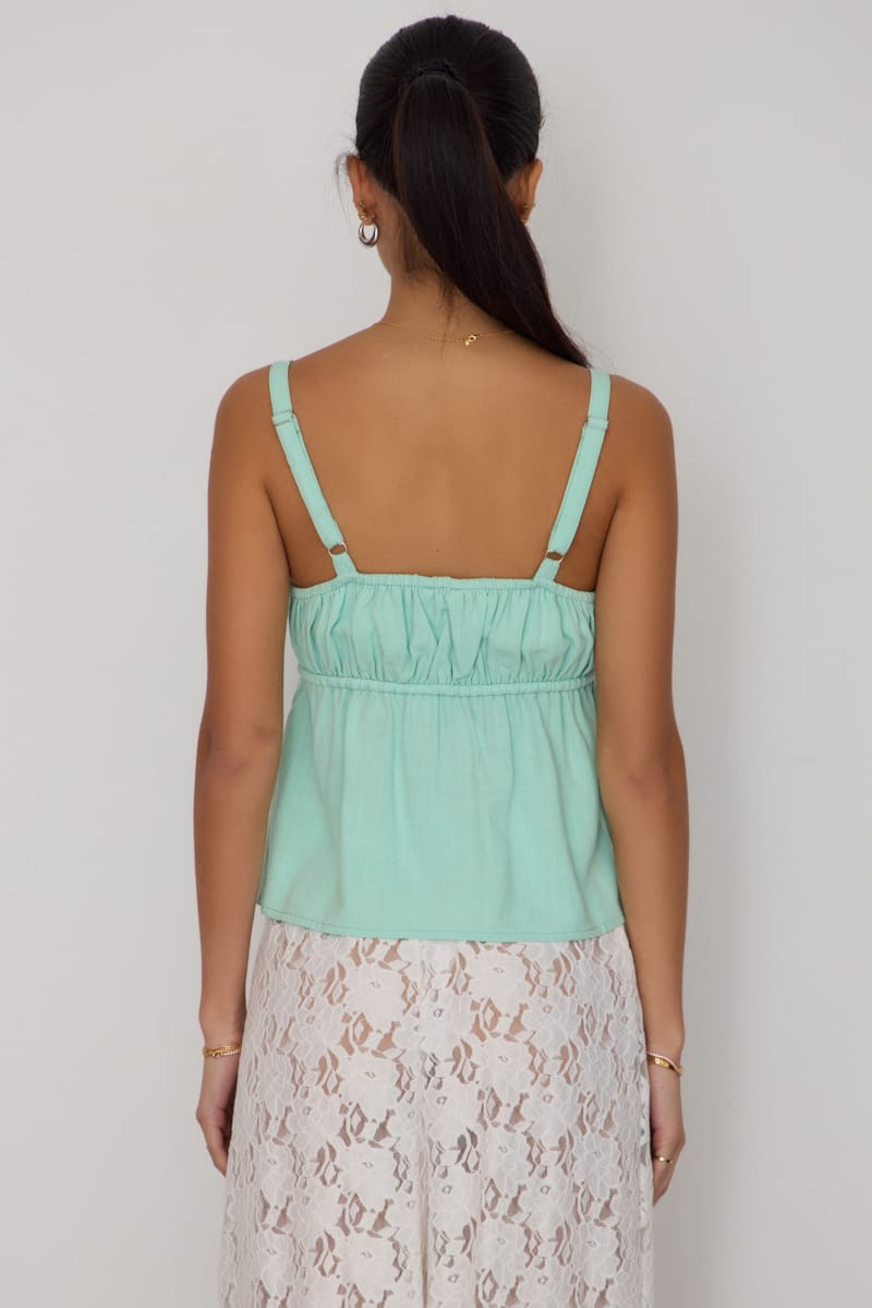 Green Cami Top Sleeveless Front Tie Babydoll Linen Blend for Ally Fashion