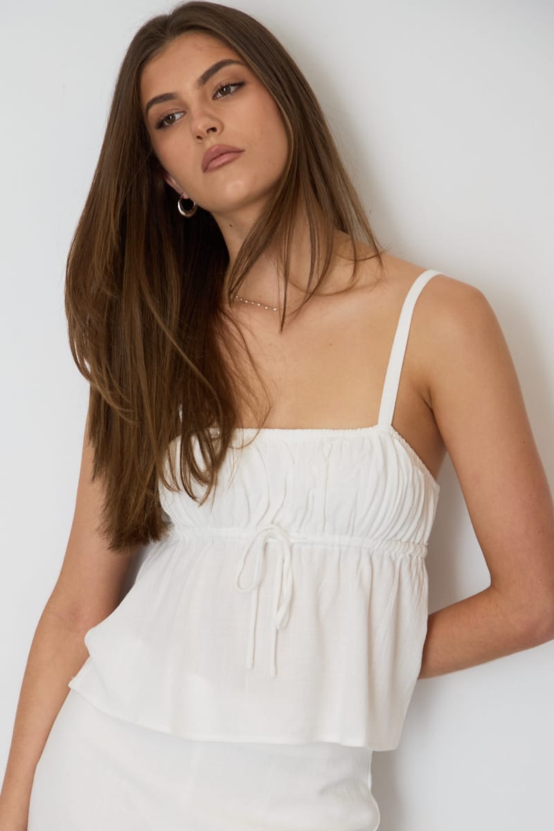 White Cami Top Sleeveless Front Tie Babydoll Linen Blend for Ally Fashion