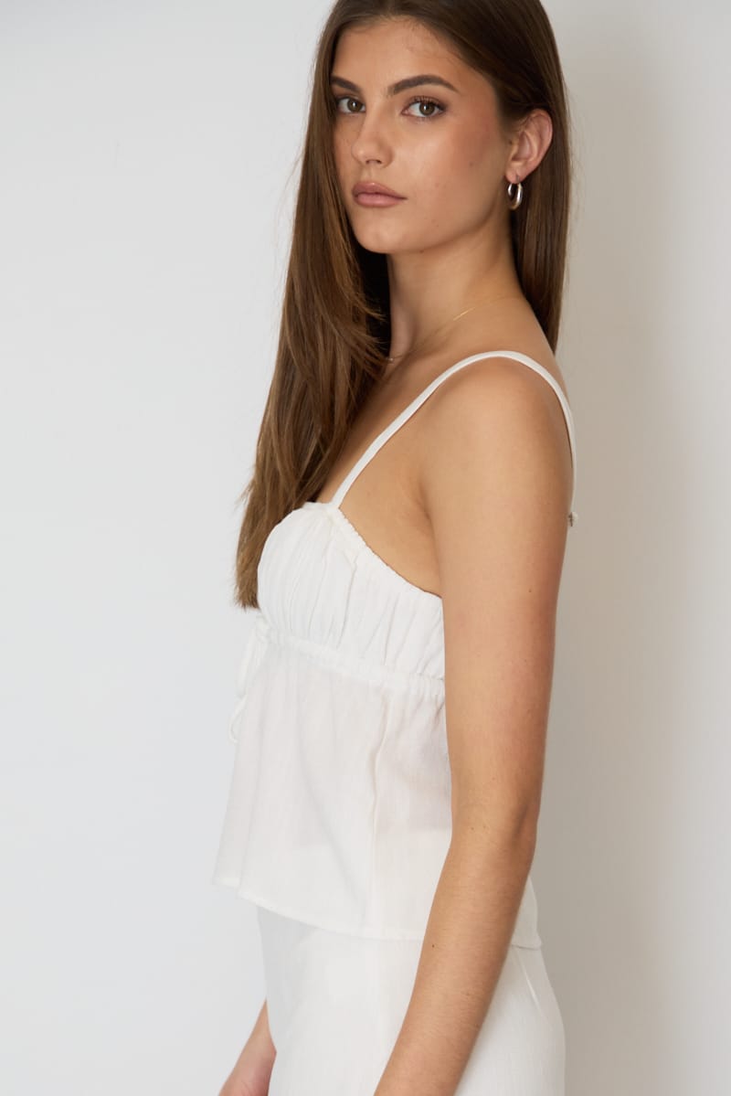 White Cami Top Sleeveless Front Tie Babydoll Linen Blend for Ally Fashion