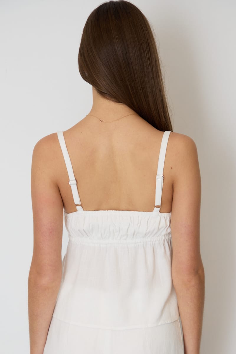 White Cami Top Sleeveless Front Tie Babydoll Linen Blend for Ally Fashion