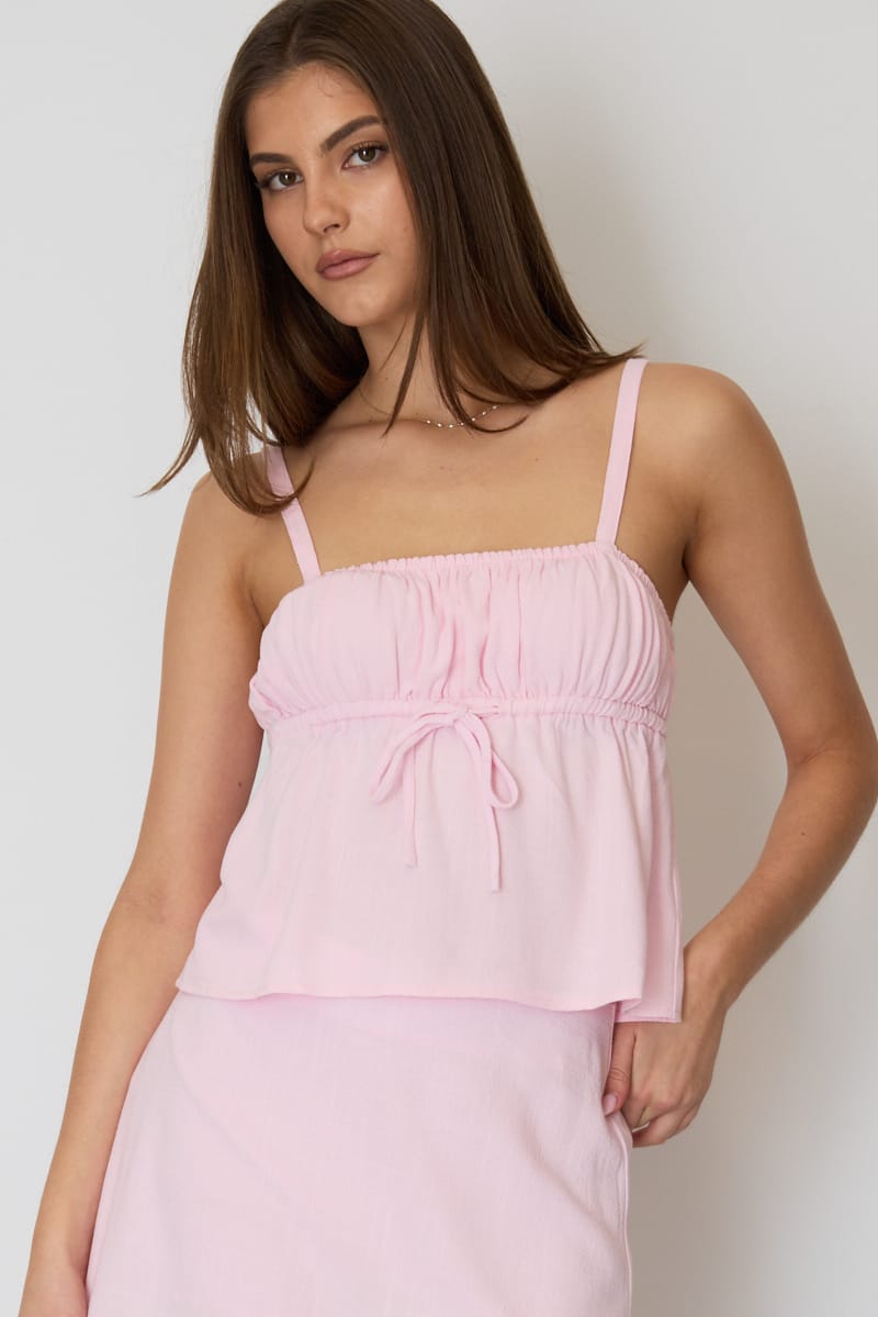 Pink Cami Top Sleeveless Front Tie Babydoll Linen Blend for Ally Fashion