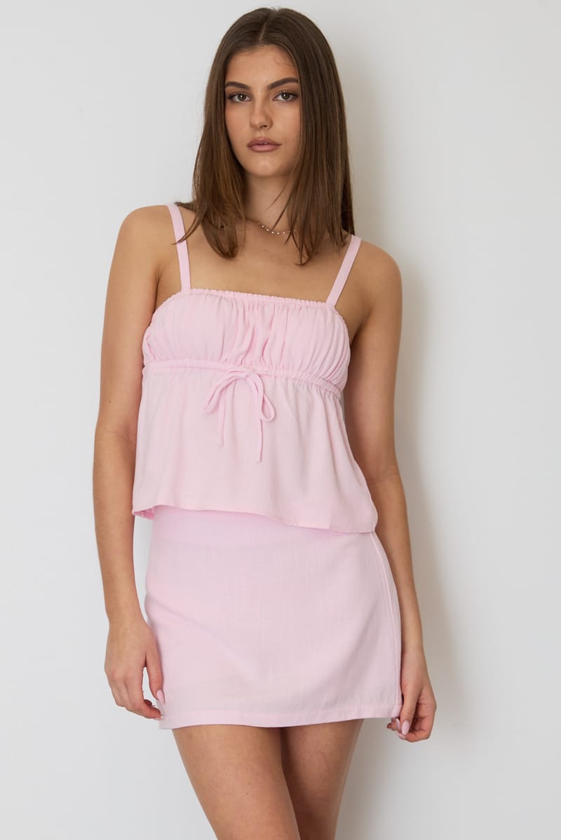 Pink Cami Top Sleeveless Front Tie Babydoll Linen Blend for Ally Fashion