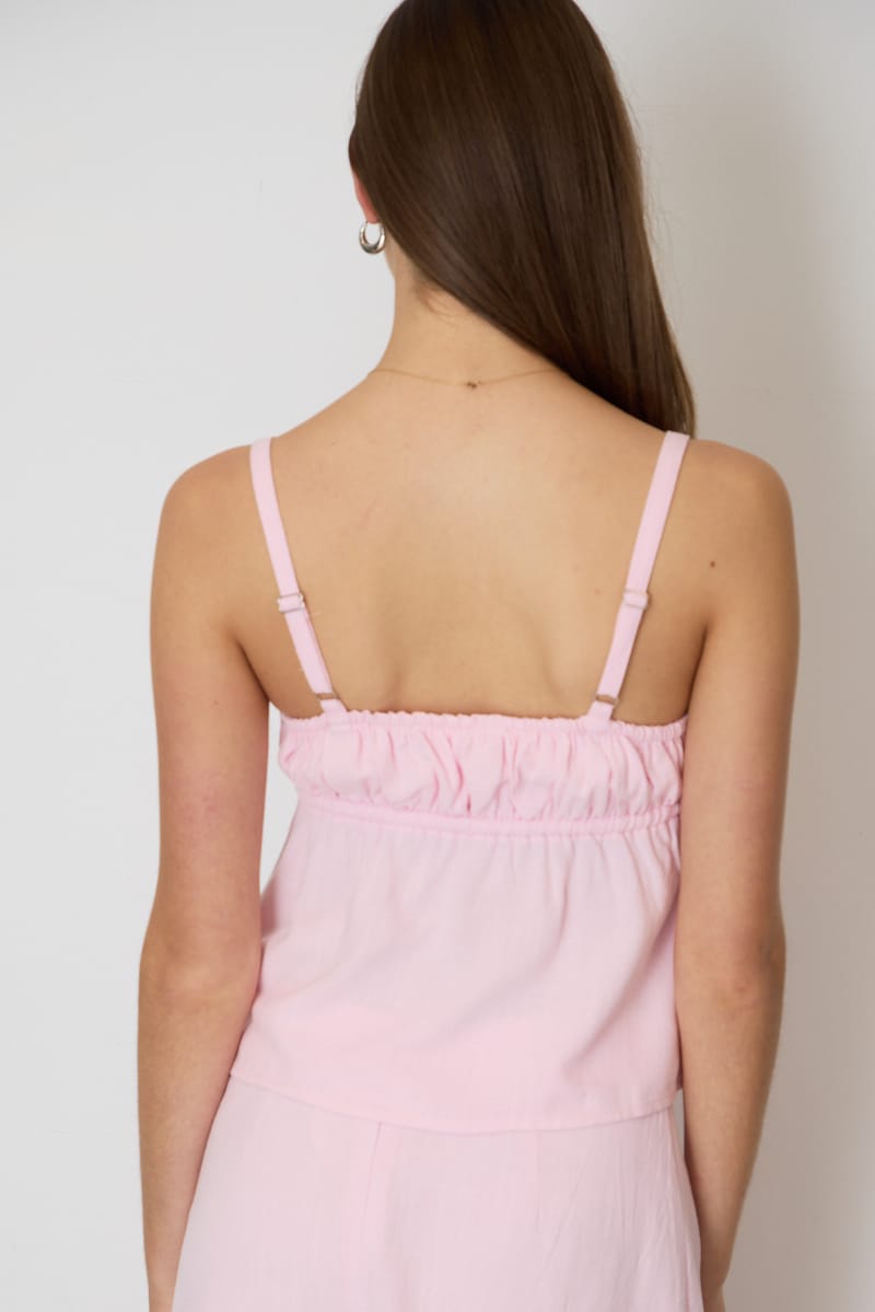 Pink Cami Top Sleeveless Front Tie Babydoll Linen Blend for Ally Fashion