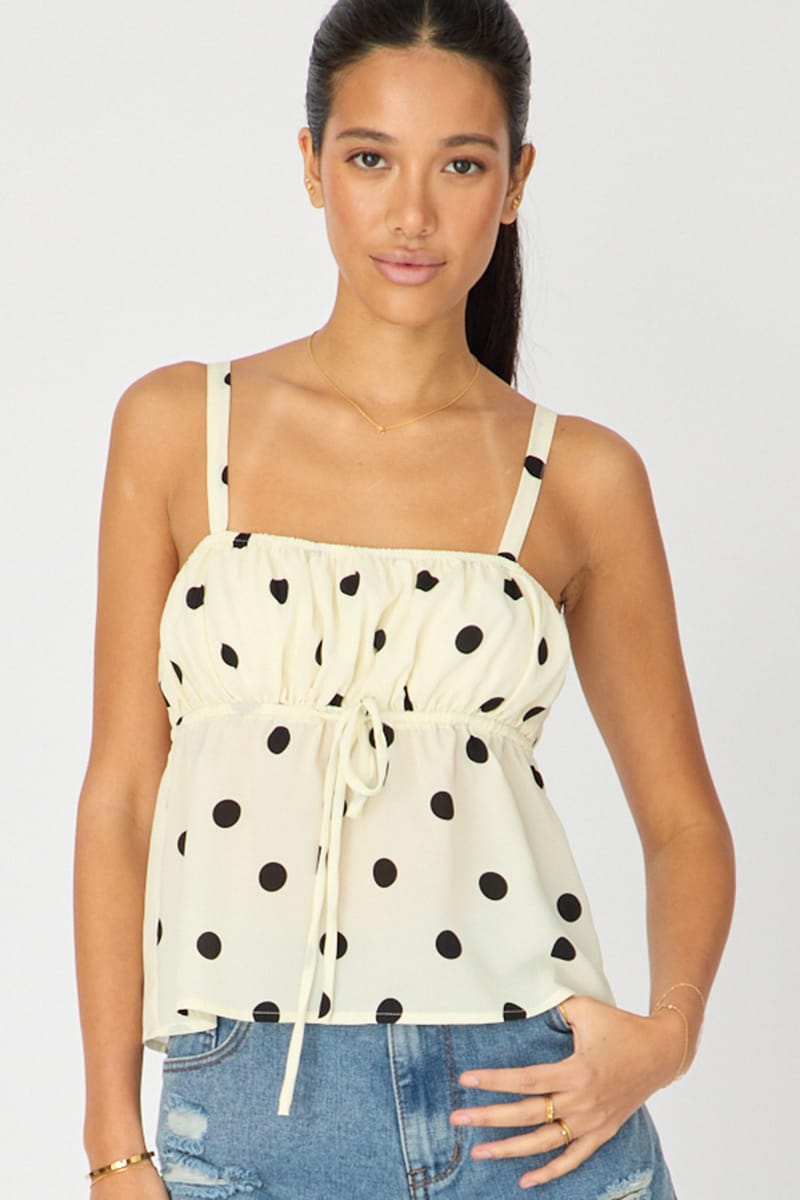 White Polka Dot Cami Top Sleeveless Front Tie Babydoll for Ally Fashion