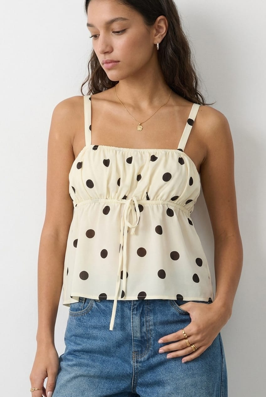 White Polka Dot Cami Top Sleeveless Front Tie Babydoll for Ally Fashion