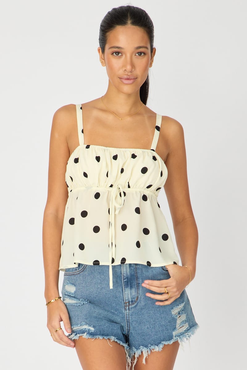 White Polka Dot Cami Top Sleeveless Front Tie Babydoll for Ally Fashion