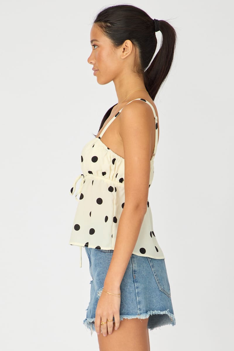 White Polka Dot Cami Top Sleeveless Front Tie Babydoll for Ally Fashion