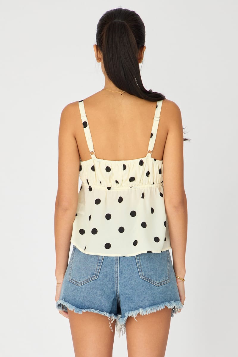 White Polka Dot Cami Top Sleeveless Front Tie Babydoll for Ally Fashion