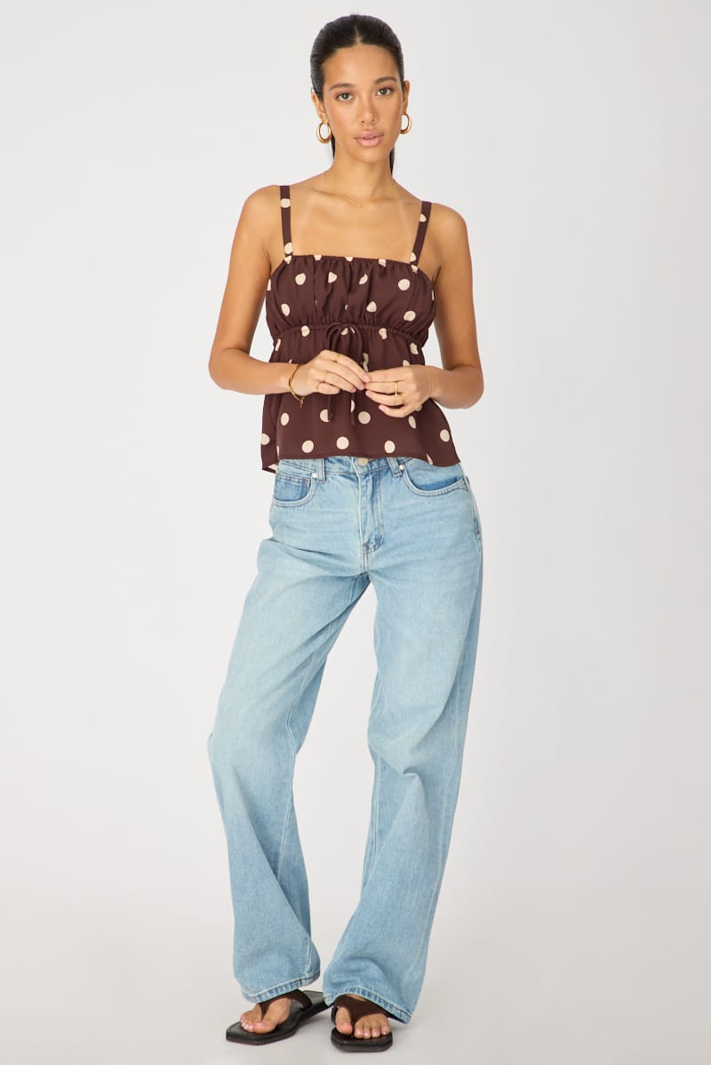 Brown Polka Dot Cami Top Sleeveless Front Tie Babydoll for Ally Fashion
