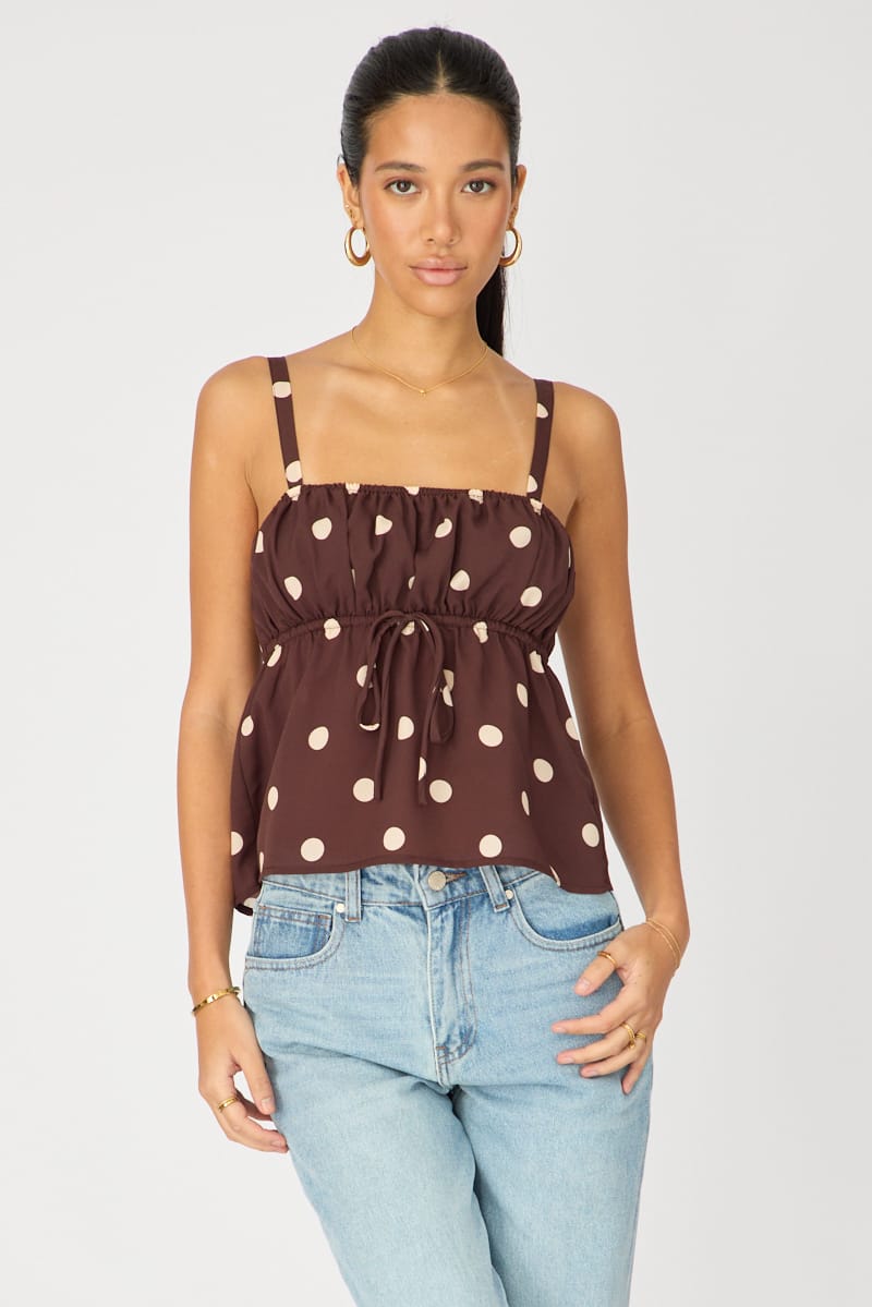 Brown Polka Dot Cami Top Sleeveless Front Tie Babydoll for Ally Fashion