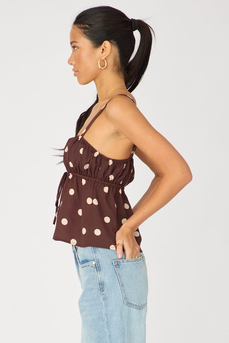 Brown Polka Dot Cami Top Sleeveless Front Tie Babydoll for Ally Fashion
