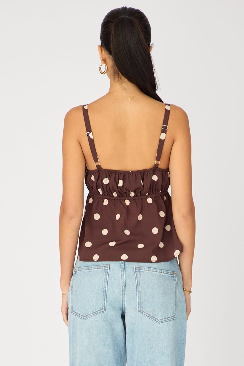 Brown Polka Dot Cami Top Sleeveless Front Tie Babydoll for Ally Fashion