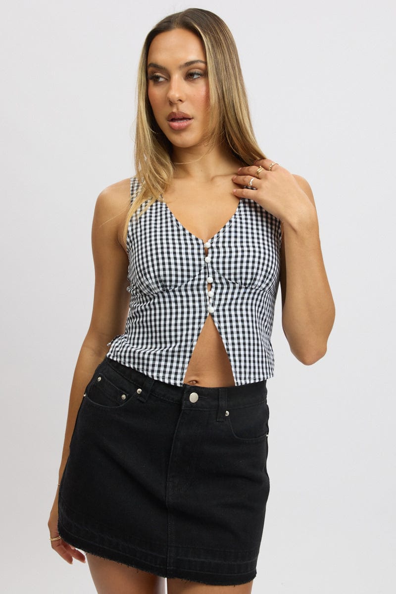 Black Check Sleeveless Top Open Front for Ally Fashion