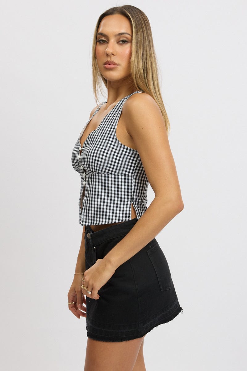 Black Check Sleeveless Top Open Front for Ally Fashion