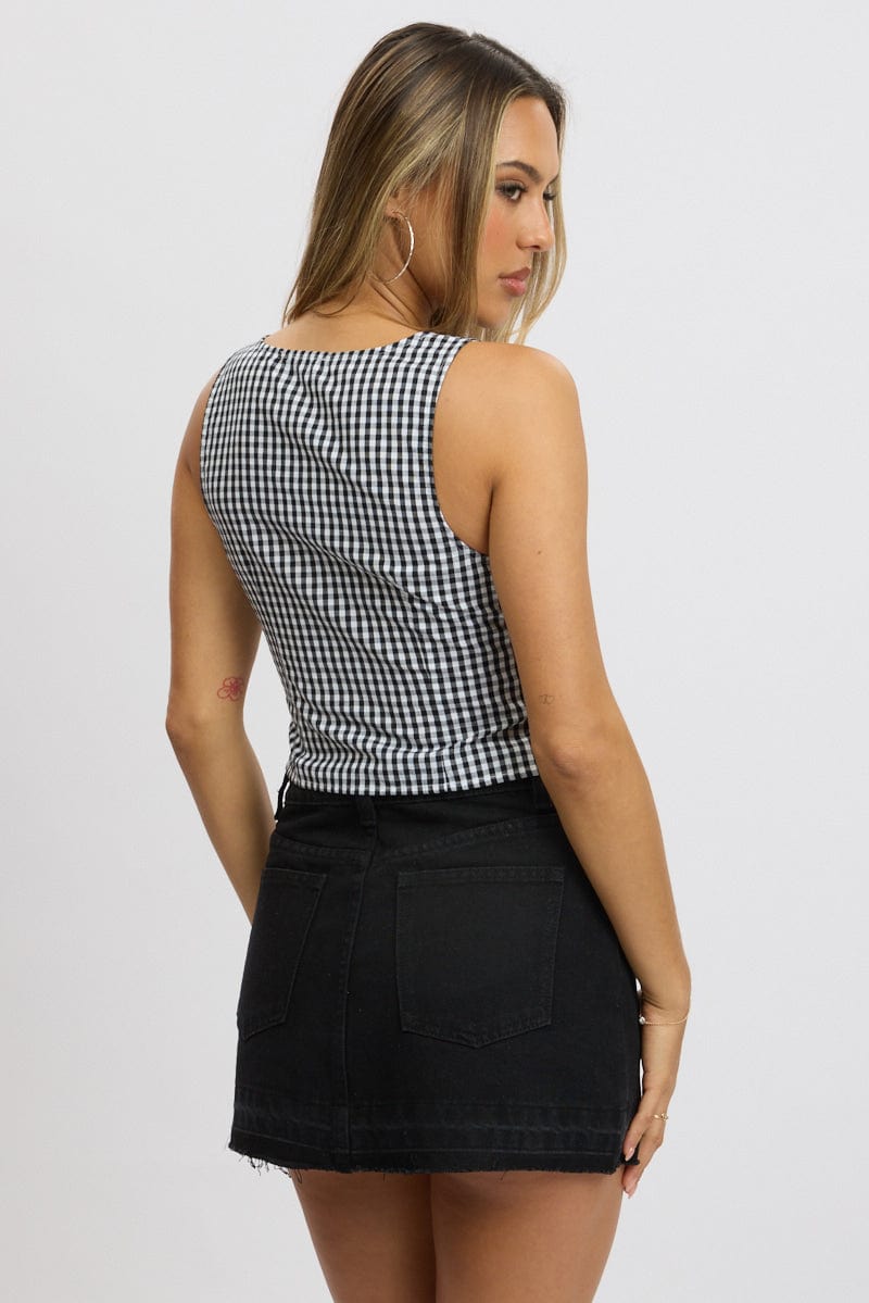 Black Check Sleeveless Top Open Front for Ally Fashion