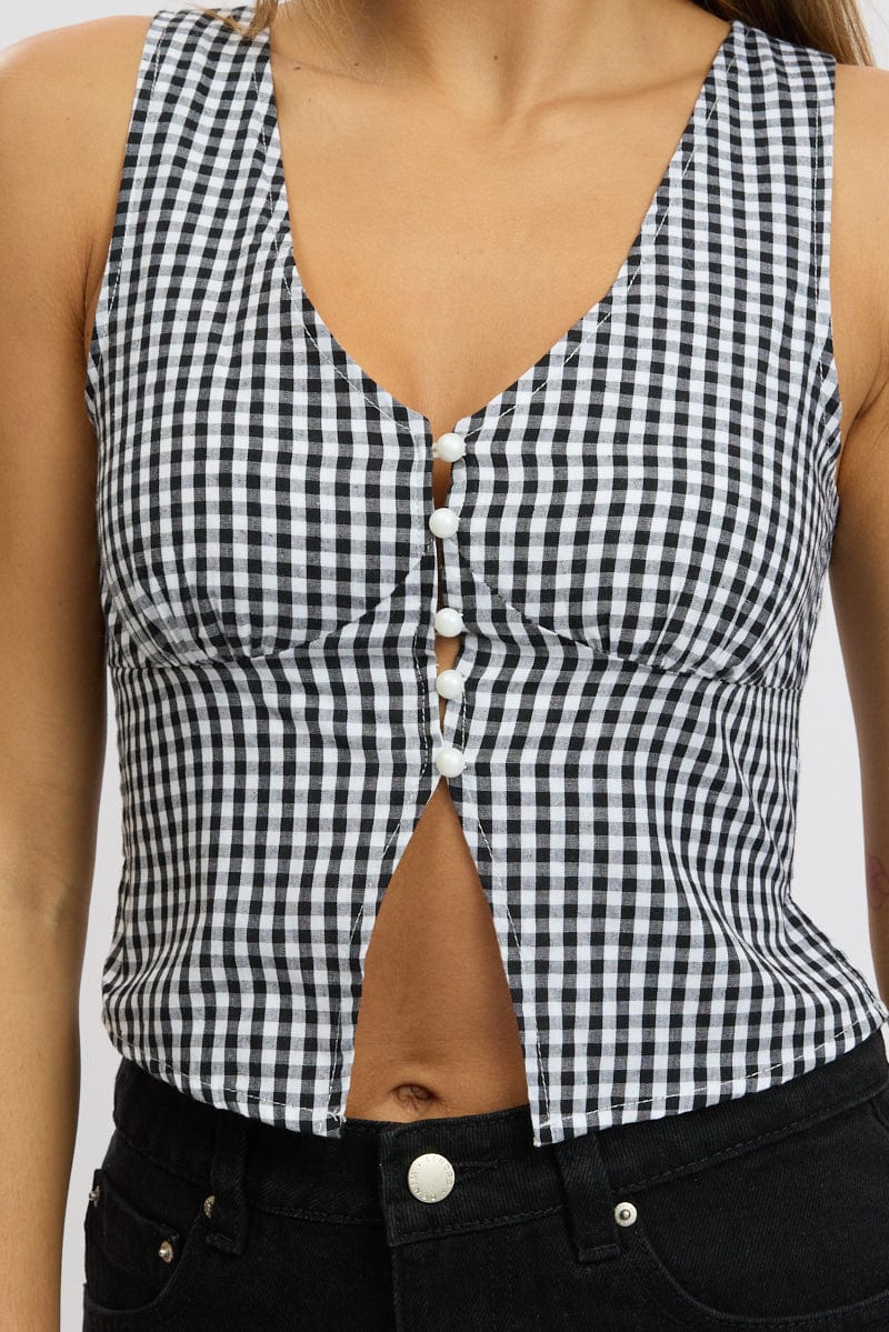 Black Check Sleeveless Top Open Front for Ally Fashion