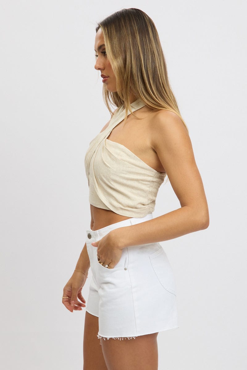 Beige Halter Crop Top Linen Blend for Ally Fashion