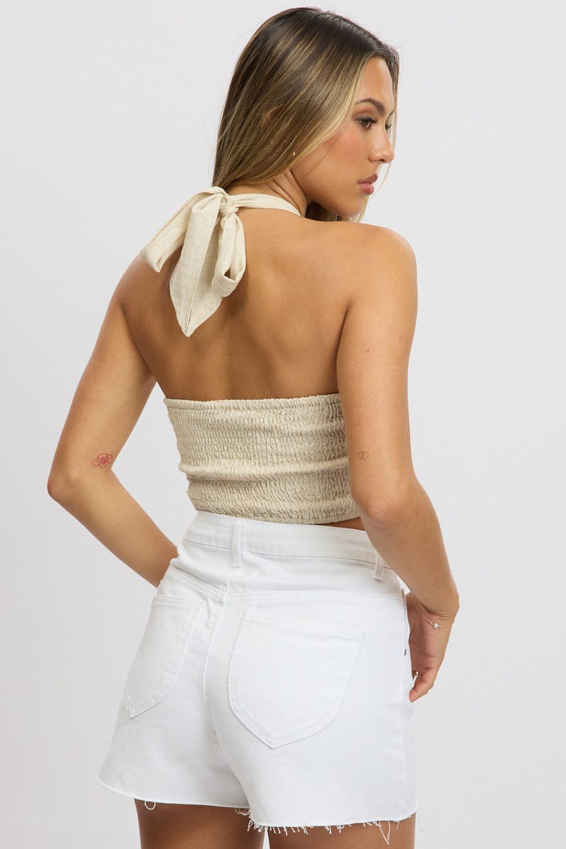 Beige Halter Crop Top Linen Blend for Ally Fashion