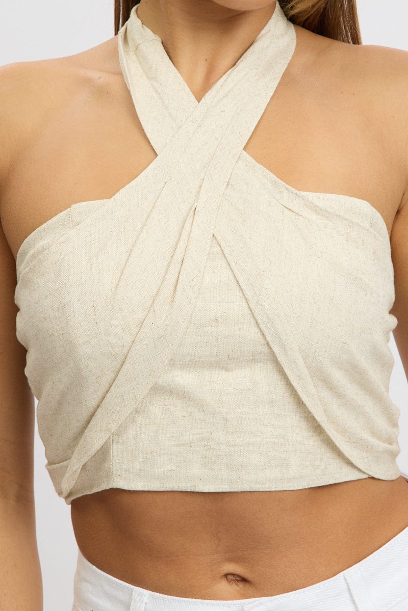 Beige Halter Crop Top Linen Blend for Ally Fashion