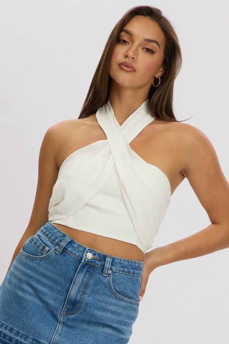 White Halter Crop Top Linen Blend for Ally Fashion