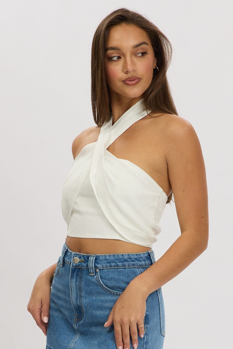 White Halter Crop Top Linen Blend for Ally Fashion