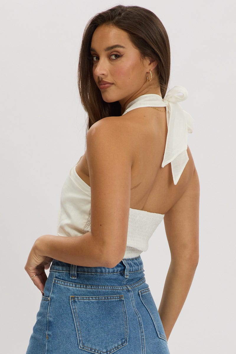 White Halter Crop Top Linen Blend for Ally Fashion