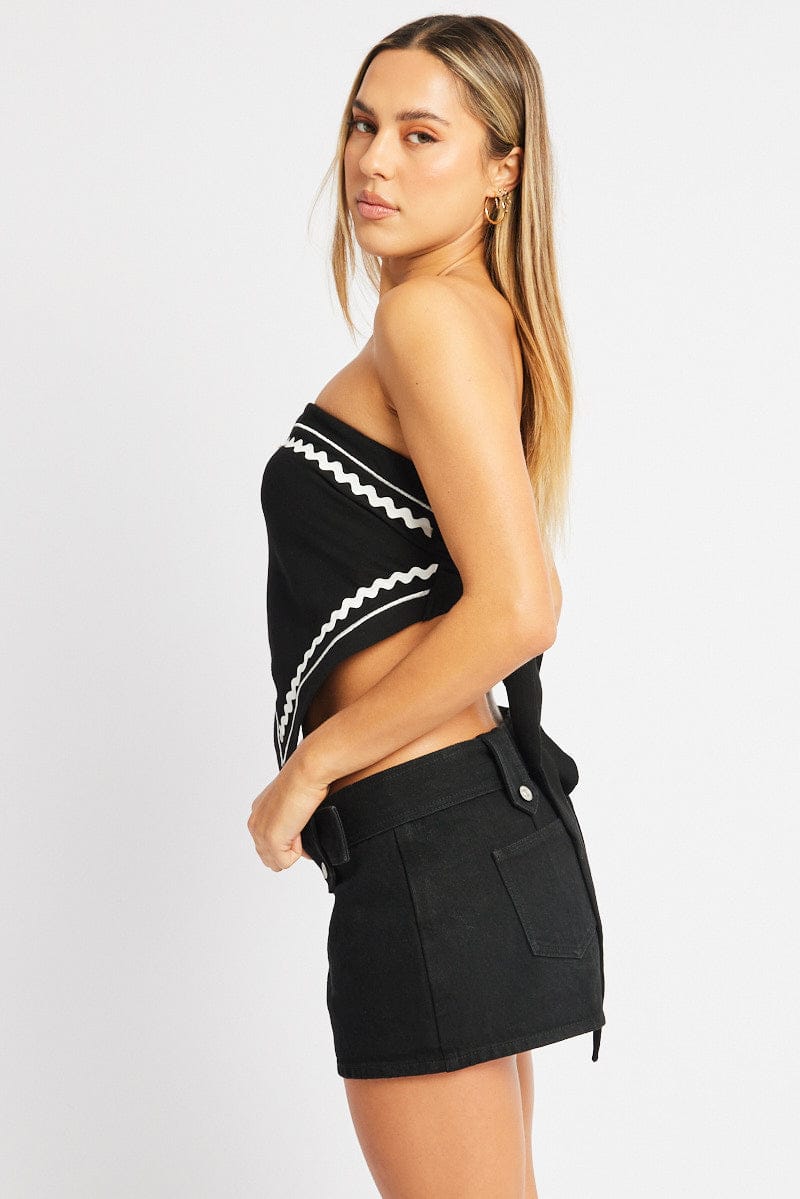 Black Scarf Top Sleeveless Bandeau Linen Blend Ric Rac for Ally Fashion