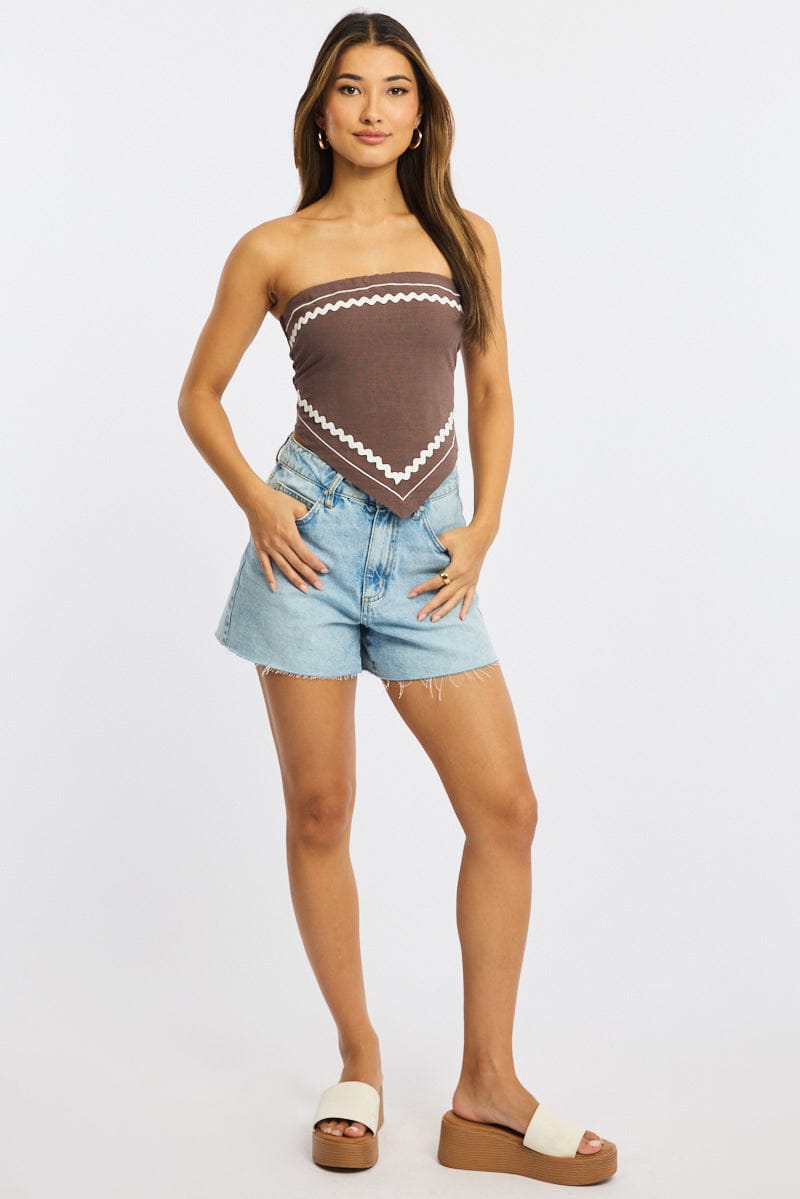 Brown Scarf Top Sleeveless Bandeau Linen Blend Ric Rac for Ally Fashion