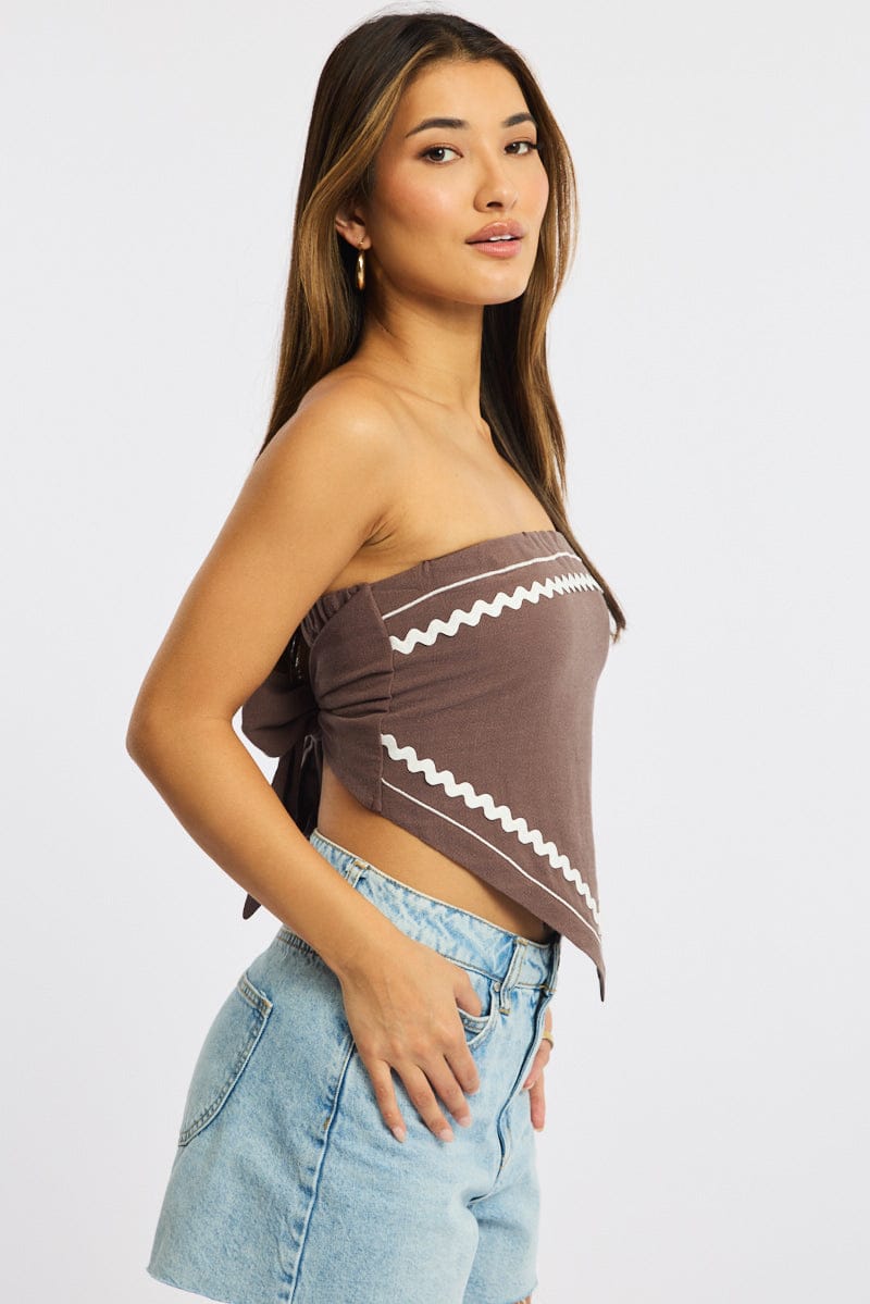 Brown Scarf Top Sleeveless Bandeau Linen Blend Ric Rac for Ally Fashion