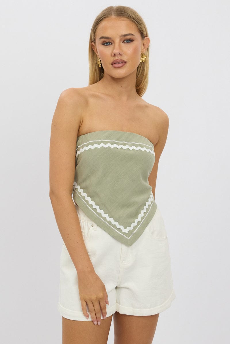 Green Scarf Top Sleeveless Bandeau Linen Blend Ric Rac for Ally Fashion