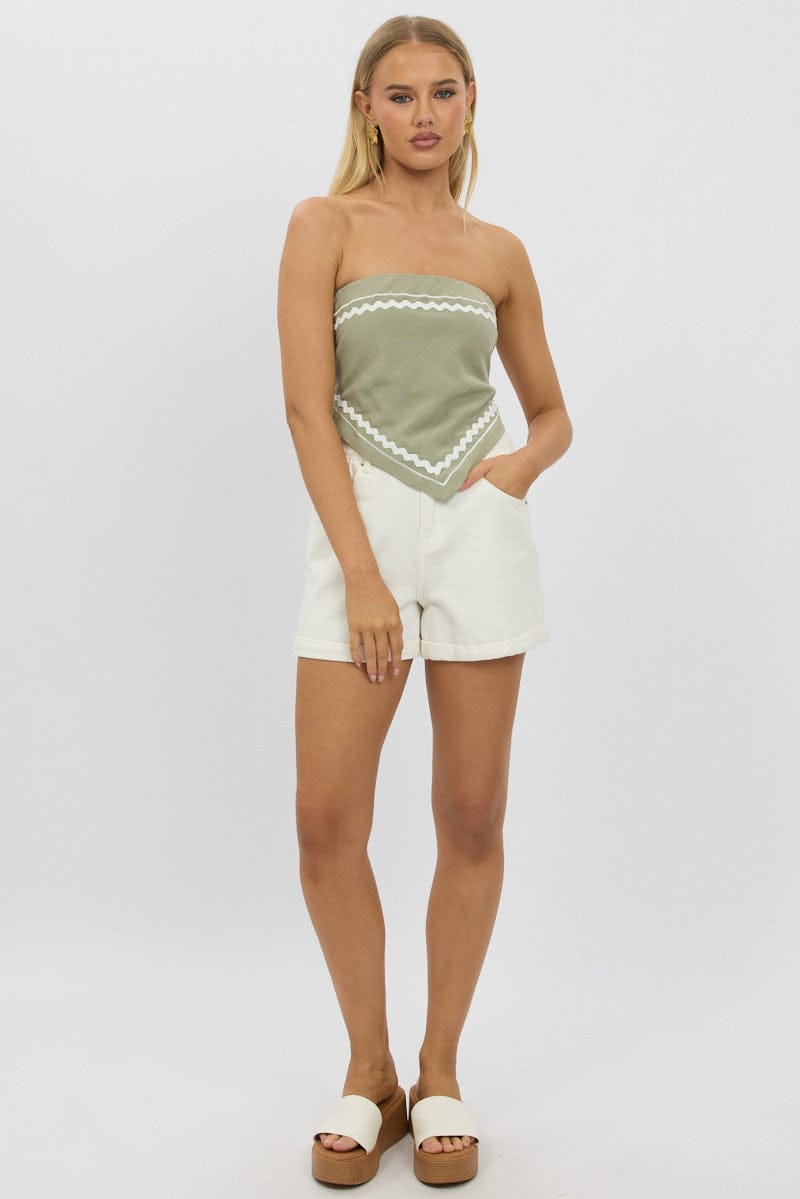 Green Scarf Top Sleeveless Bandeau Linen Blend Ric Rac for Ally Fashion