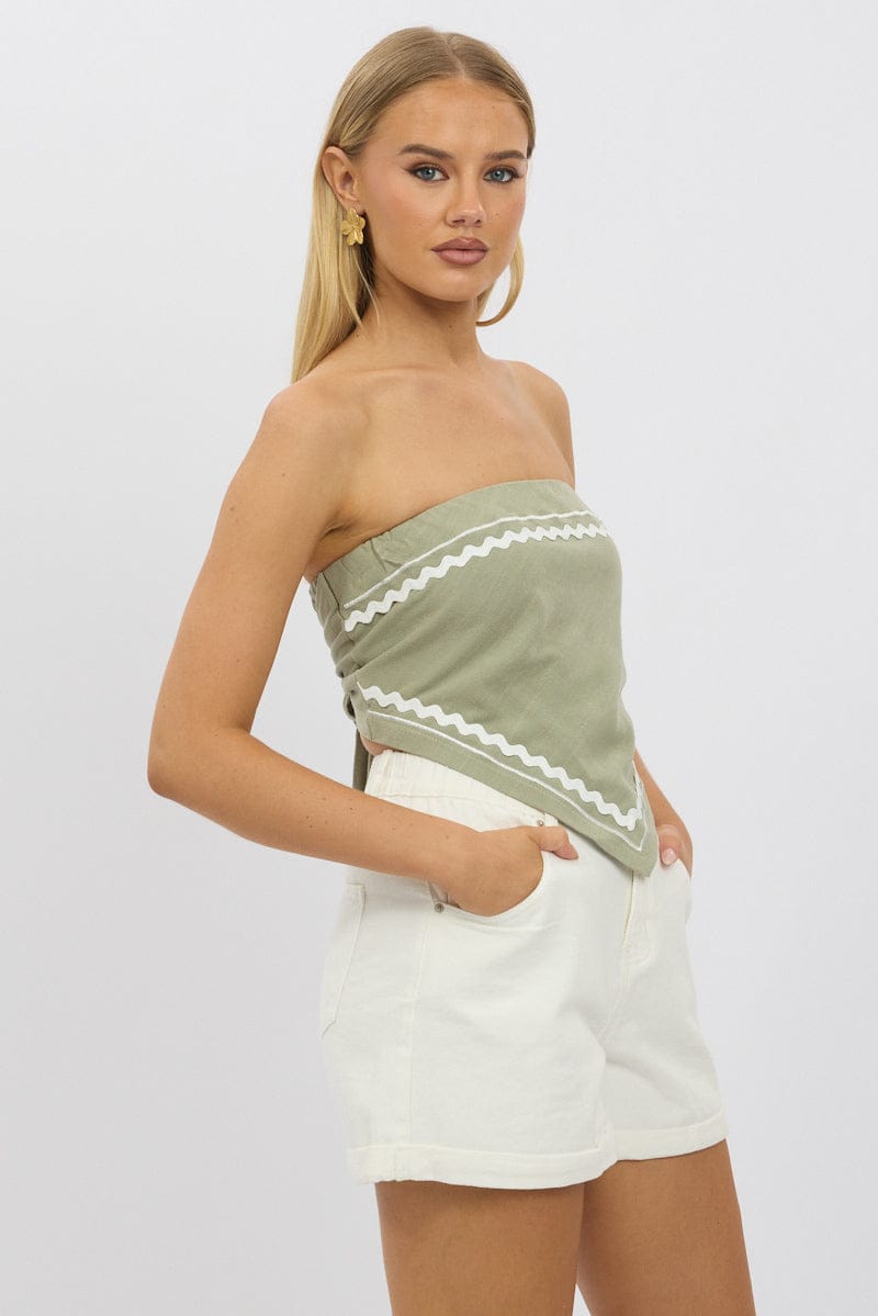 Green Scarf Top Sleeveless Bandeau Linen Blend Ric Rac for Ally Fashion
