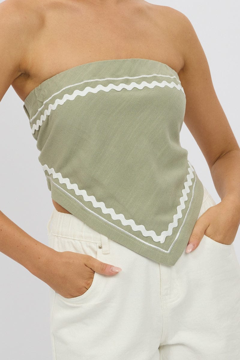Green Scarf Top Sleeveless Bandeau Linen Blend Ric Rac for Ally Fashion