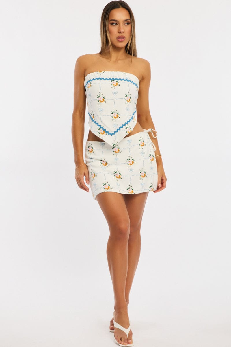 White Floral Scarf Top Sleeveless Bandeau Linen Blend Ric Rac for Ally Fashion
