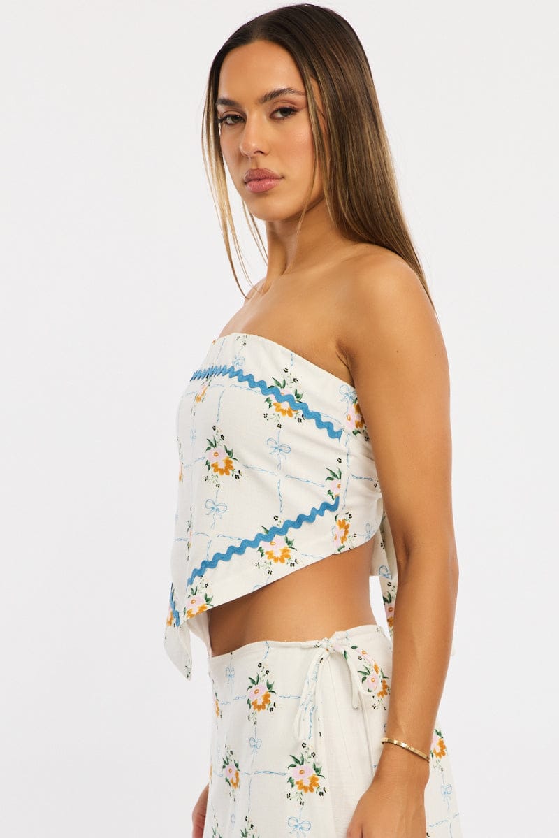 White Floral Scarf Top Sleeveless Bandeau Linen Blend Ric Rac for Ally Fashion